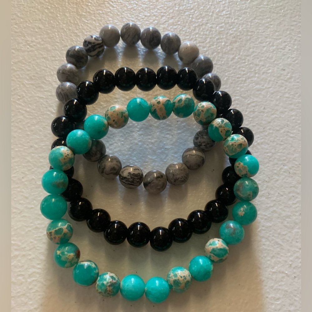 3-PCS Hand Crafted Turquoise, Black, and Gray Bracelet Trio